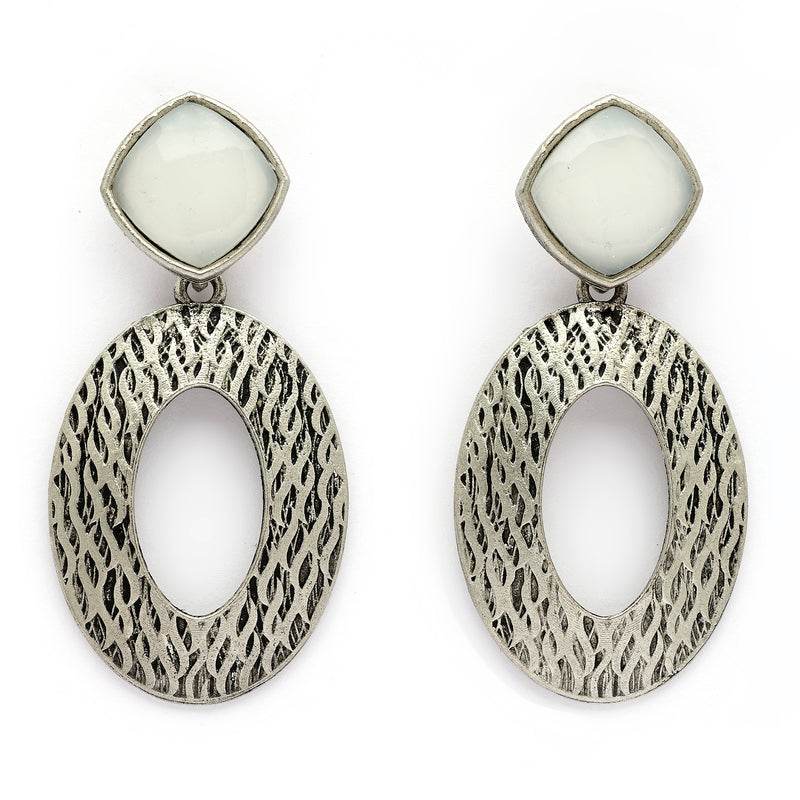 Oxidized Silver Toned Oval Shaped Gray Cubic Zirconia Studded Earrings