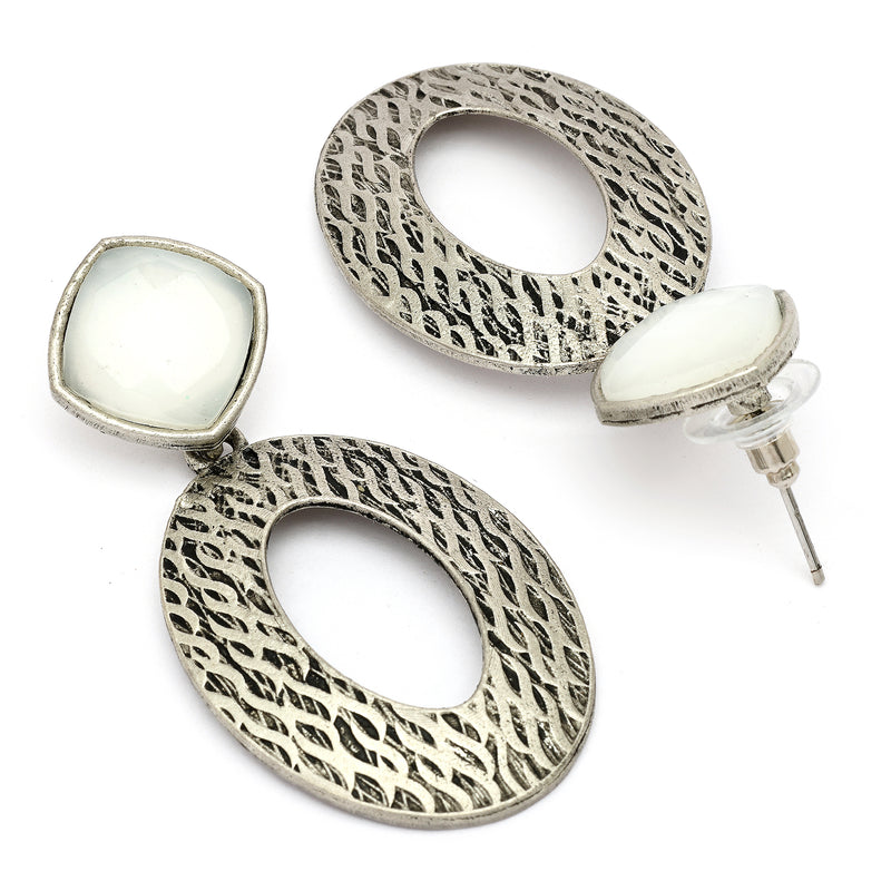 Oxidized Silver Toned Oval Shaped Gray Cubic Zirconia Studded Earrings