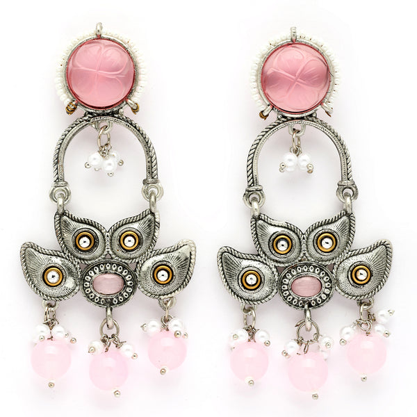 Oxidised Floral Shaped Pink CZ Studded And Pearl Beaded Dangler Earrings
