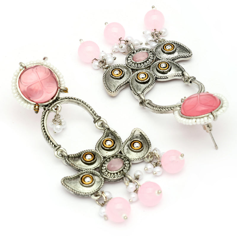 Oxidised Floral Shaped Pink CZ Studded And Pearl Beaded Dangler Earrings