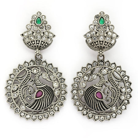 Oxidised Silver Toned Peacock Shaped Cubic Zirconia Stone Studded Drop Earrings