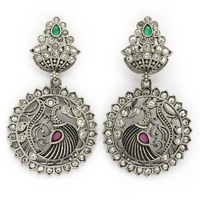 Oxidised Silver Toned Peacock Shaped Cubic Zirconia Stone Studded Drop Earrings