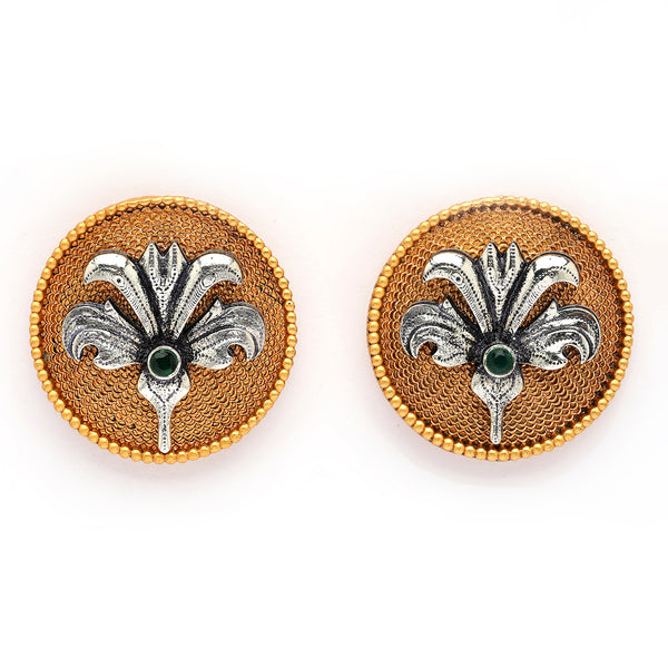 Gold Plated Oxidised Dual Toned Coin Shaped Floral Stud Earrings