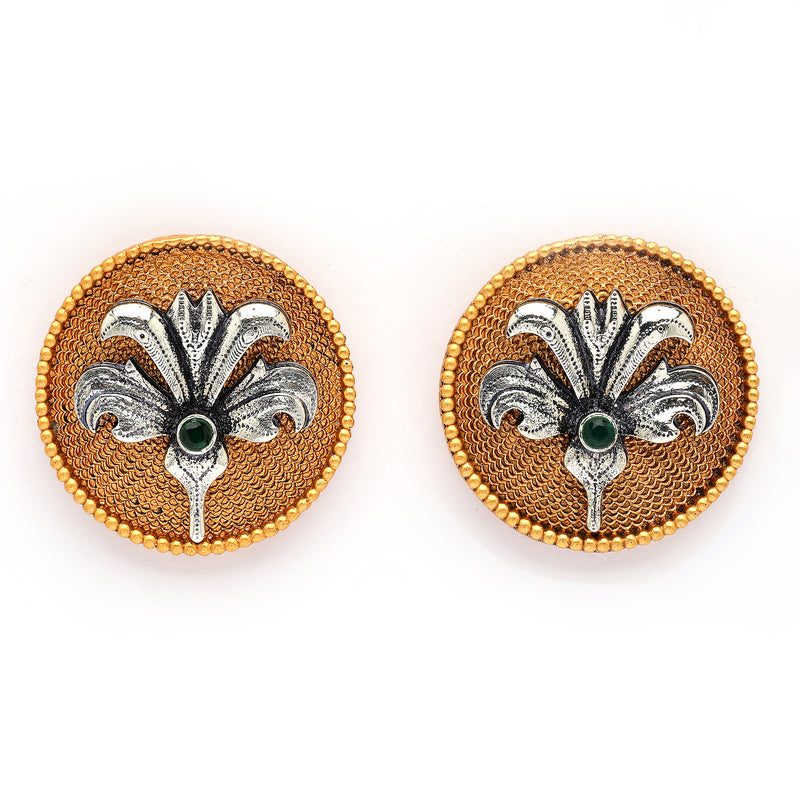Gold Plated Oxidised Dual Toned Coin Shaped Floral Stud Earrings