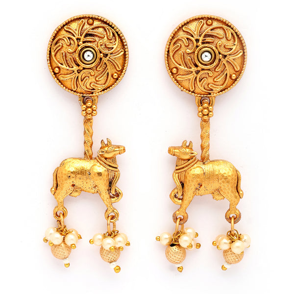 Traditional Gold Plated Nandi Maharaj Pearl Studded Drop Earrings
