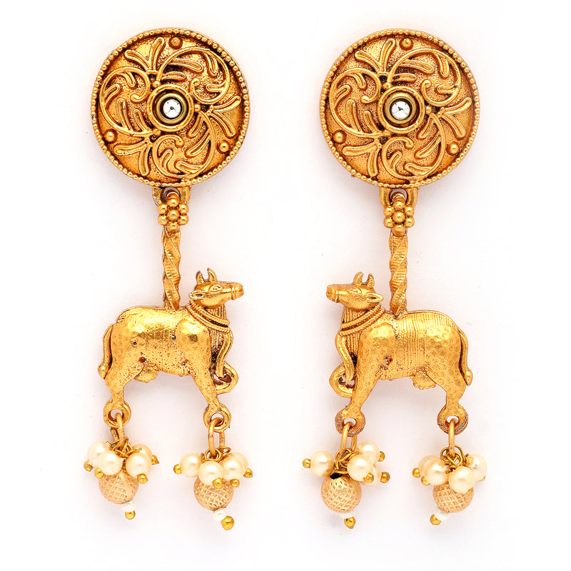 Traditional Gold Plated Nandi Maharaj Pearl Studded Drop Earrings