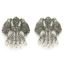 Oxidised Silver Toned Bird Shaped Pearl Beaded Earrings
