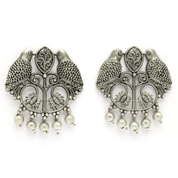 Oxidised Silver Toned Bird Shaped Pearl Beaded Earrings