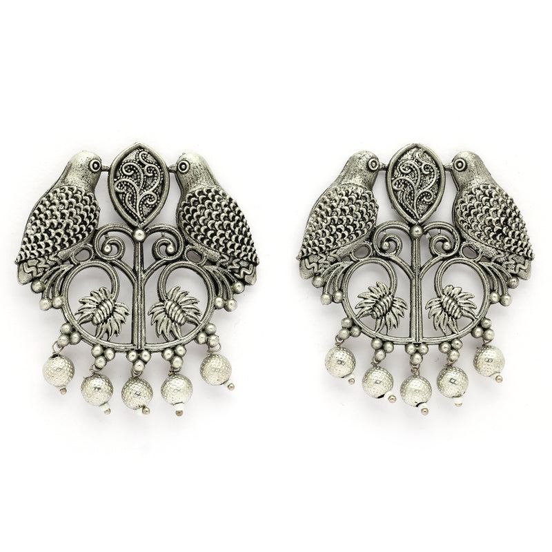 Oxidised Silver Toned Bird Shaped Pearl Beaded Earrings