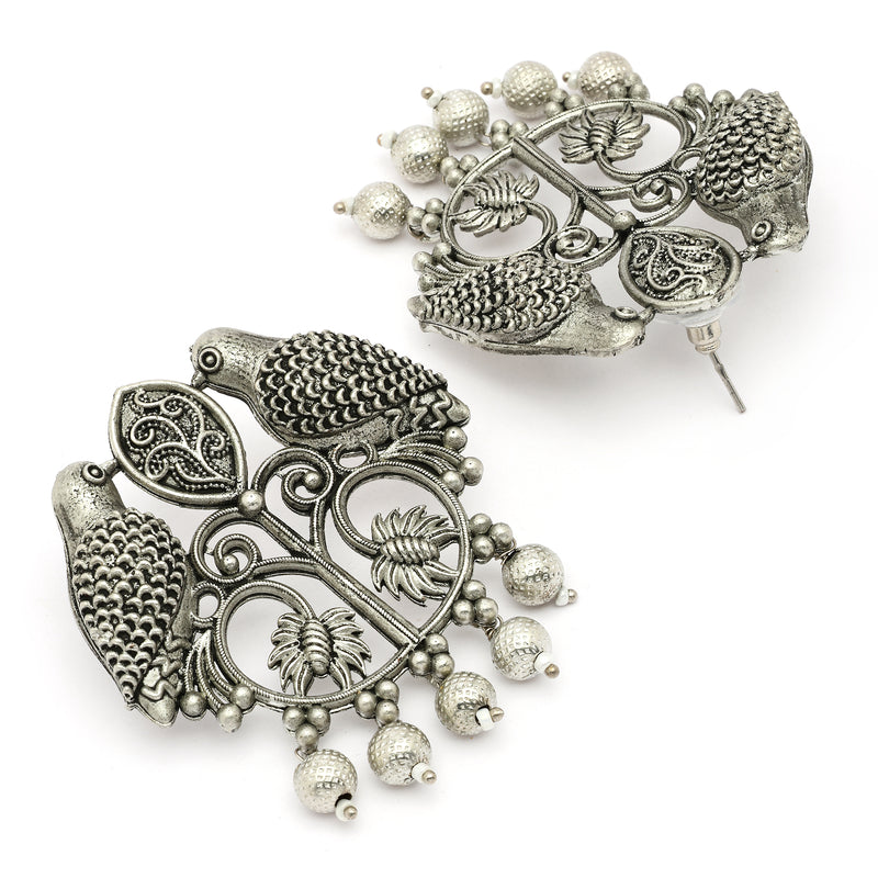 Oxidised Silver Toned Bird Shaped Pearl Beaded Earrings