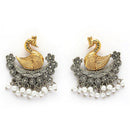 Oxidized Gold Plated Dual Toned Swan Shaped White Pearl Studded Earrings