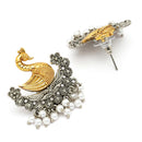 Oxidized Gold Plated Dual Toned Swan Shaped White Pearl Studded Earrings