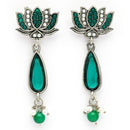 Oxidised Silver Toned Lotus Shaped Green CZ Studded Pearl Beaded Earrings