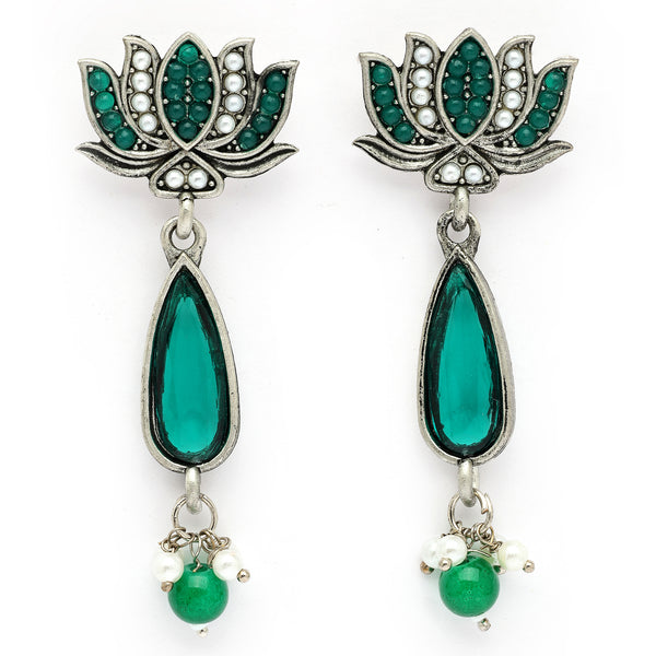 Oxidised Silver Toned Lotus Shaped Green CZ Studded Pearl Beaded Earrings