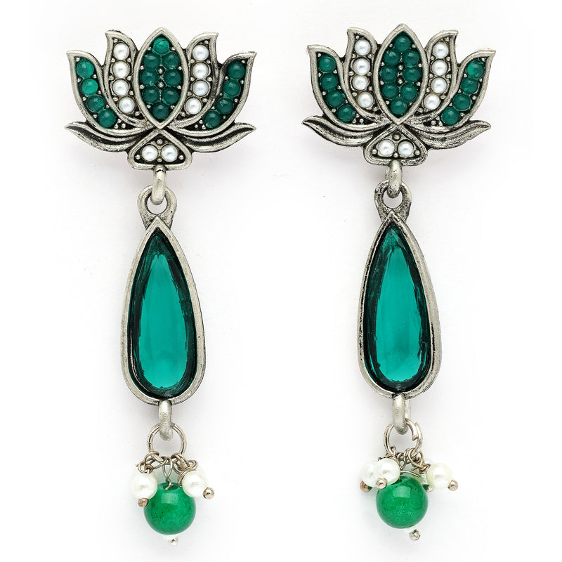 Oxidised Silver Toned Lotus Shaped Green CZ Studded Pearl Beaded Earrings