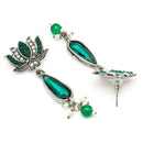 Oxidised Silver Toned Lotus Shaped Green CZ Studded Pearl Beaded Earrings