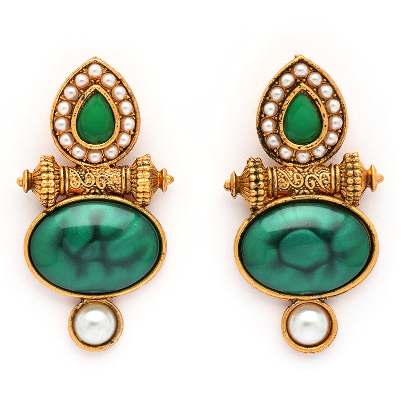 Traditional Gold Plated Oval Shaped Green Stone And Pearl Studded Earrings