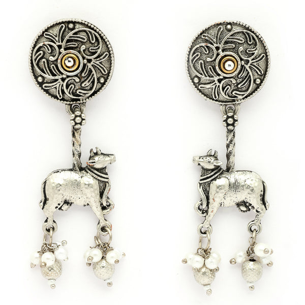 Oxidised Silver Toned Nandi Maharaj Pearl Studded Drop Earrings