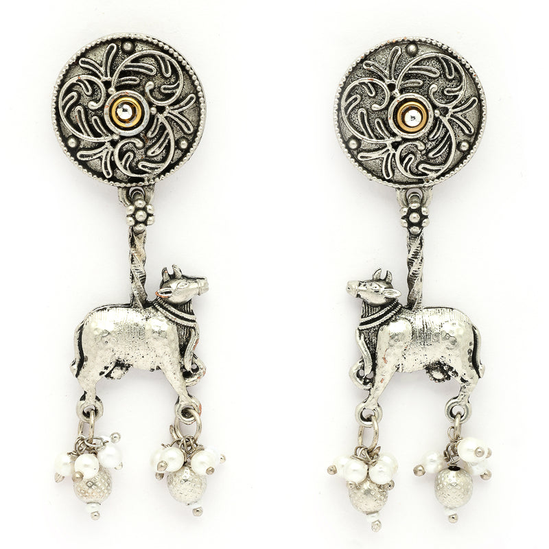 Oxidised Silver Toned Nandi Maharaj Pearl Studded Drop Earrings
