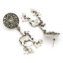 Oxidised Silver Toned Nandi Maharaj Pearl Studded Drop Earrings