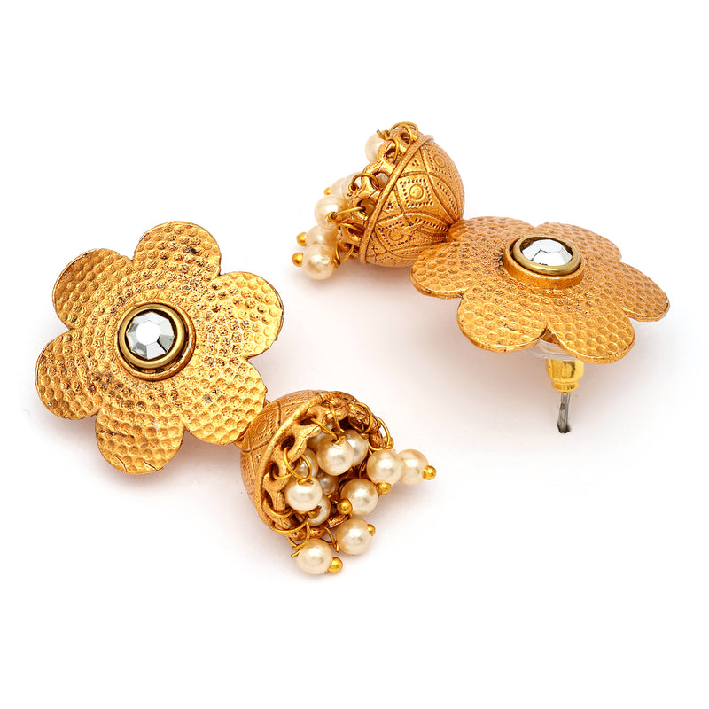 Traditional Gold Plated Floral White Pearl Studded Jhumki Earrings