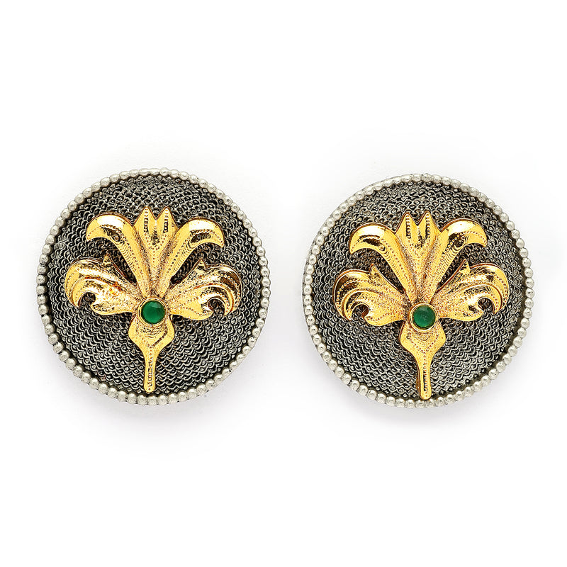 Oxidised Gold Plated Dual Toned Coin Shaped Floral Stud Earrings