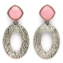 Oxidized SIilver Toned Oval Shaped Pink Cubic Zirconia Studded Earrings
