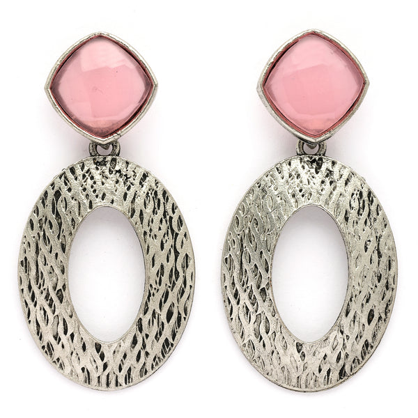 Oxidized SIilver Toned Oval Shaped Pink Cubic Zirconia Studded Earrings
