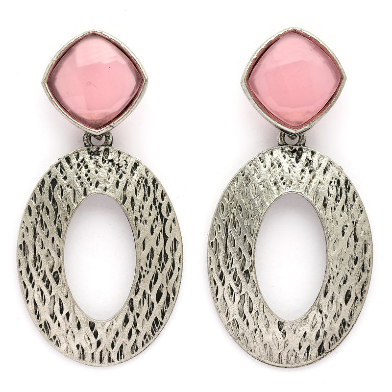 Oxidized SIilver Toned Oval Shaped Pink Cubic Zirconia Studded Earrings