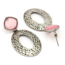 Oxidized SIilver Toned Oval Shaped Pink Cubic Zirconia Studded Earrings