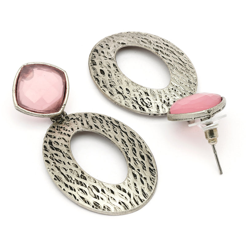 Oxidized SIilver Toned Oval Shaped Pink Cubic Zirconia Studded Earrings