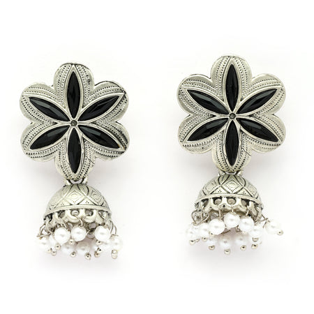 Oxidised Silver Toned Floral Shaped Pearl Beaded Jhumki
