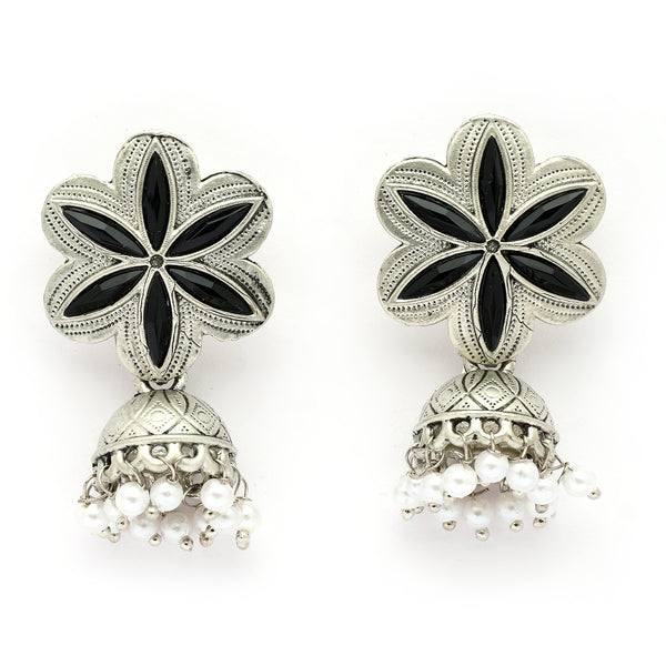 Oxidised Silver Toned Floral Shaped Pearl Beaded Jhumki