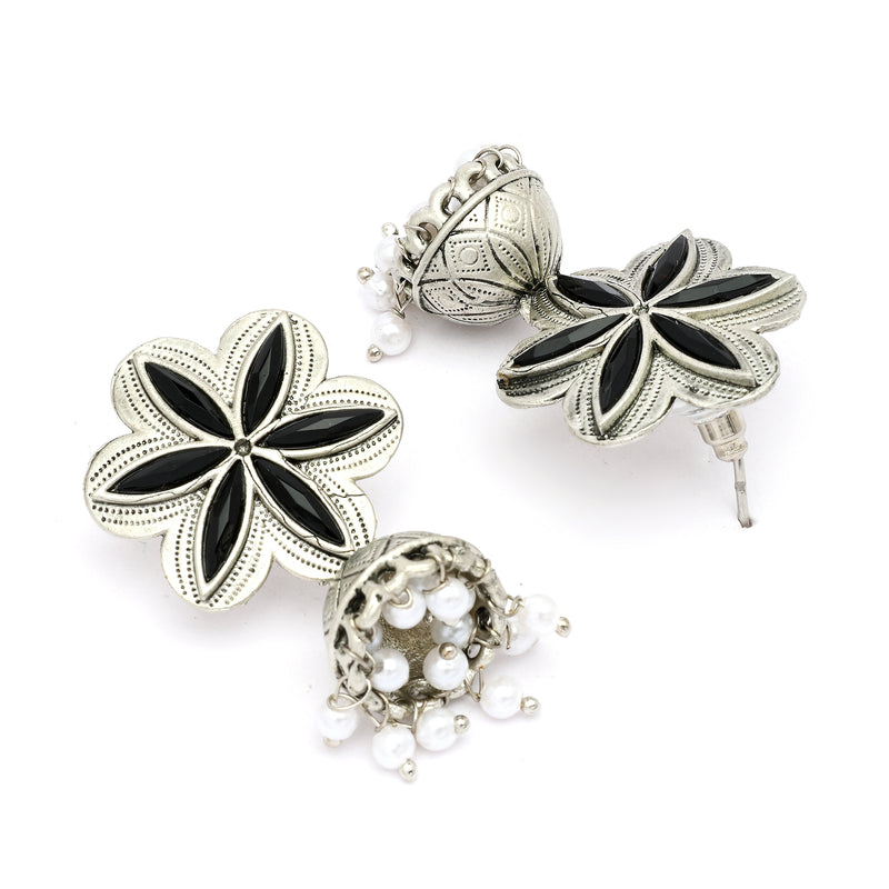 Oxidised Silver Toned Floral Shaped Pearl Beaded Jhumki