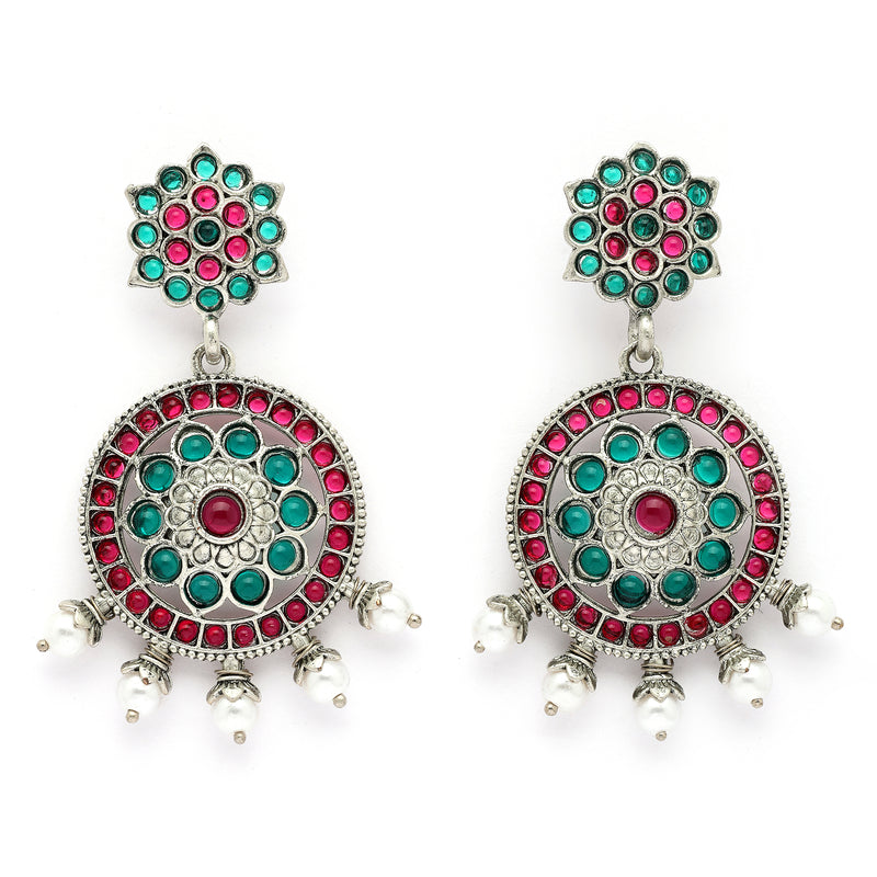 Oxidised Silver Toned Circular Shaped Red & Blue Stone Studded Pearl Beaded Drop Earrings
