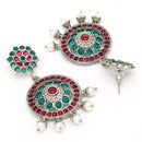 Oxidised Silver Toned Circular Shaped Red & Blue Stone Studded Pearl Beaded Drop Earrings