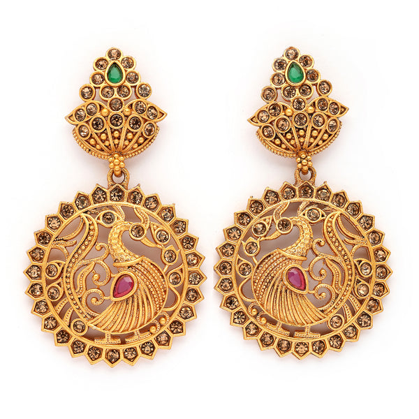 Gold Plated Peacock Shaped Cubic Zirconia Stone Studded Drop Earrings