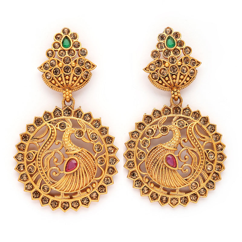 Gold Plated Peacock Shaped Cubic Zirconia Stone Studded Drop Earrings