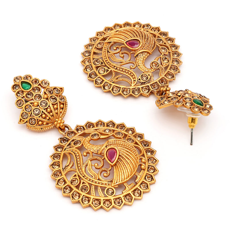 Gold Plated Peacock Shaped Cubic Zirconia Stone Studded Drop Earrings