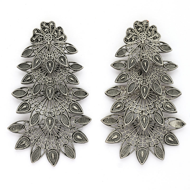 Oxidised Silver Toned Multi-Layer Leaf Design Dangler Earrings