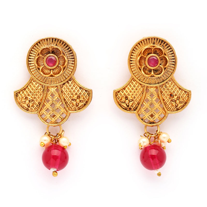 Traditional Gold Plated Floral Shaped  Red Pearl Beaded Earrings