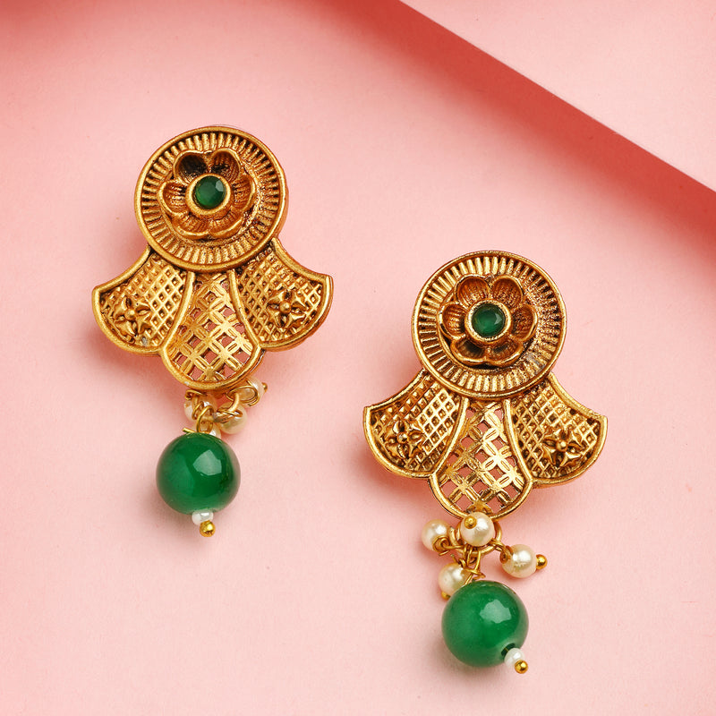 Traditional Gold Plated Floral Shaped Green Pearl Beaded Earrings