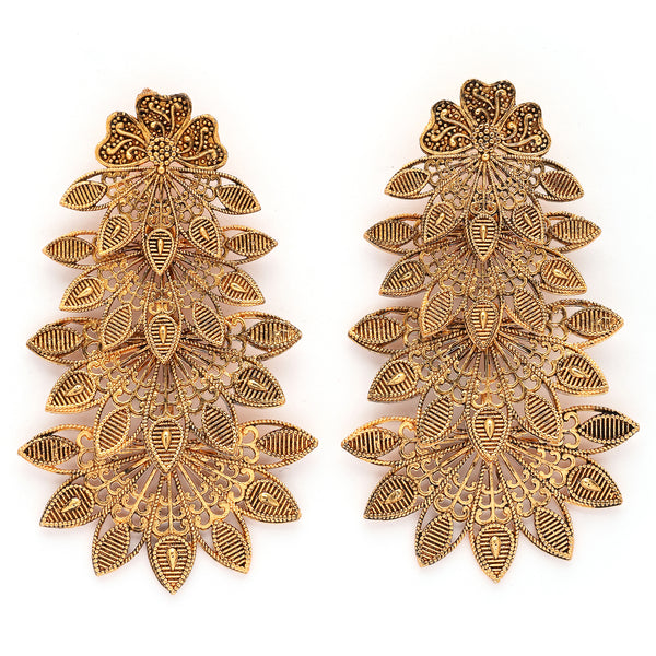 Gold Plated Mehendi Tond Multi-Layer Leaf Design Dangler Earrings