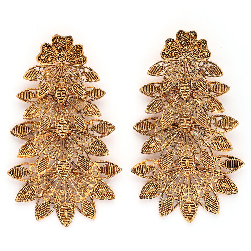 Gold Plated Mehendi Tond Multi-Layer Leaf Design Dangler Earrings