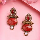 Traditional Gold Plated Oval Shaped Red Stone And Pearl Studded Earrings