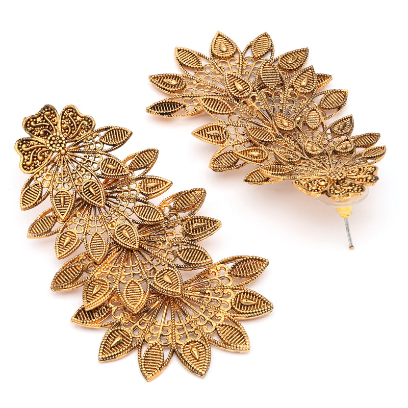 Gold Plated Mehendi Tond Multi-Layer Leaf Design Dangler Earrings