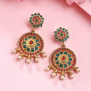 Gold Plated Circular Shaped Red & Blue Stone Studded Pearl Beaded Drop Earrings