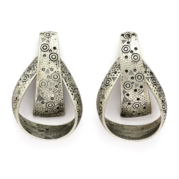 Oxidised Silver Toned Unique Engraved Design Tribal Style Drop Earrings