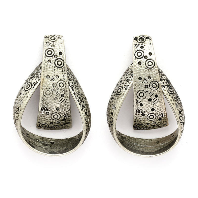 Oxidised Silver Toned Unique Engraved Design Tribal Style Drop Earrings