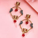 Gold Plated Lotus Shaped Red Stone Studded Pearl Beaded Drop Earrings